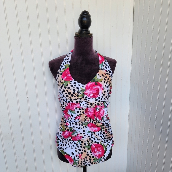 NWOT NOON SWIM Women's Ruched Halter 1 Piece Swimming Suit Leopard Floral Sz 18 - Picture 1 of 15
